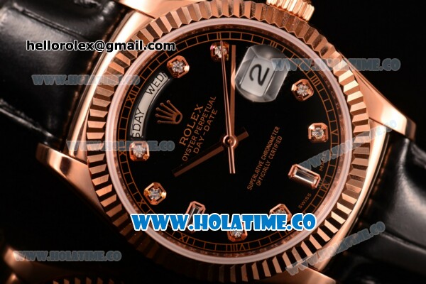 Rolex Day-Date Asia 2813/Swiss ETA 2836/Clone Rolex 3135 Automatic Rose Gold Case with Diamonds Markers and Black Dial (BP) - Click Image to Close